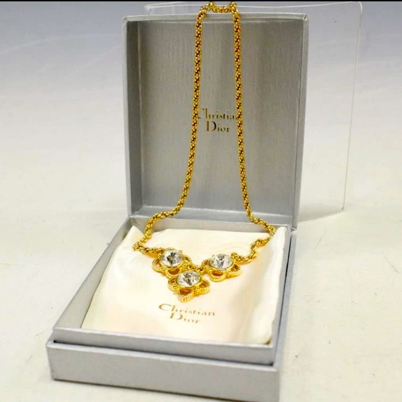 Auth Christian Dior Gold Necklace Rhinestone Pendant with Box - Picture 1 of 7